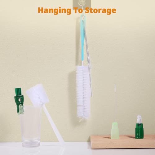 OUTXE 5 Pack Bottle Brush Set, 5-in-1 Water Bottle Cleaner Brush, 15"" Long Handle Bottle Cleaning Brush, 3 Straw Brush, Removable Nipple Brush, Detail Brush for Cup Lid Gap, WBBSBLB5 - color: Green, size: 5-in-1 Brush + Long Handle Brush