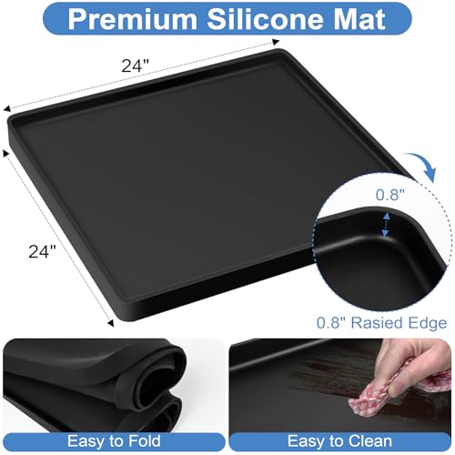 Mini Fridge Stand with Silicone Mat, Adjustable Height 4.1-5.1" Washer and Dryer Stand Base with 24"x24" Silicone Drip Tray Mini Refrigerator Stand Base for Furniture Portable Appliance Pedestal Black - color: Black (With Stand), size: 24"x24"x0.8"