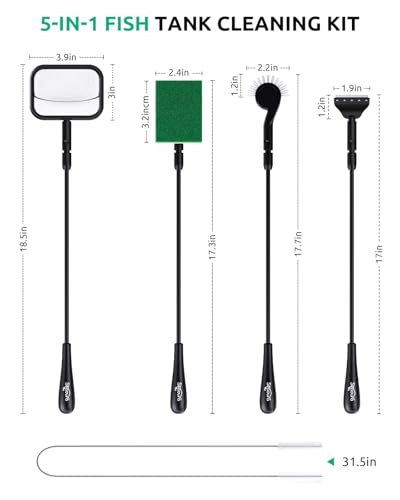 Aquarium Algae Scraper, Small Fish Tank Cleaner for Glass Algae Remover 5 in 1, Aquariums Cleaning kit with Seaweed Scraper, Flat Sponge, Fish Net, Clean Brush, Tube Brush for Freshwater, Nano Tanks