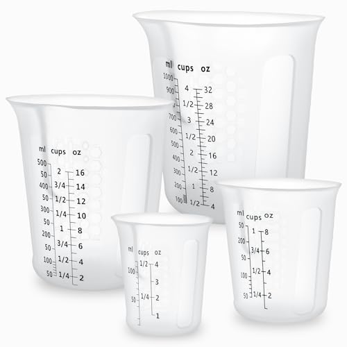 Silicone Measuring Cups 4-Pack Set, (1/2, 1, 2, 4 Cup) Reusable Silicone Cup for Prepping Cooking Baking Supplies, Melting Butter Chocolate 125ml 250ml 500ml 1000ml Dishwasher Microwave Safe - color: 125ml+250ml+500ml+1000ml
