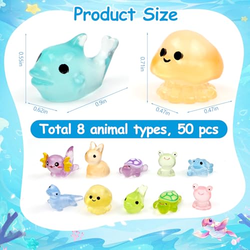 50 PCS Mini Resin Animals Bulk, 8 Style Tiny Resin Animal Figurines Glow in The Dark for Fairy Garden Micro Landscaping Aquarium & DIY Craft Decor, Sea Animal - color: Multi-colored Aquatic Animals