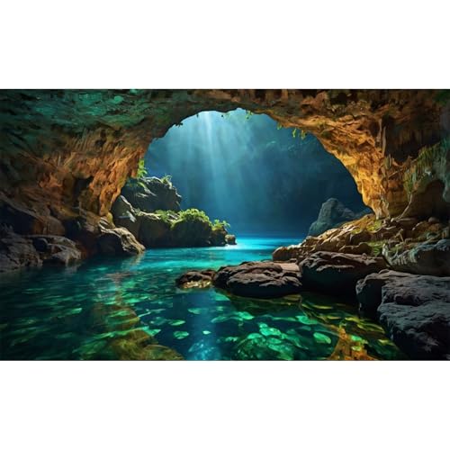Ocean Rock Cave Aquarium Background Beach Seaside Underwater Cave Fish Tank Background Tropical Seashore Sunrays Blue Sky Terrarium Backgrounds Stunning Seascape Reptile Tank Backgrounds 24x12in - color: Brown_Blue, size: 24(W)x12(H)in