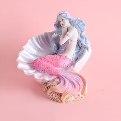 Rayberro 4.53" Mermaid Figurines Resin Pink Mermaid Sculpture Mediterranean Princess Statue Ornaments Home Office Desktop Bookshelf Decor Mermaid Collectible Crafts Fish Tank Aquarium Decoration - color: Pink Shell