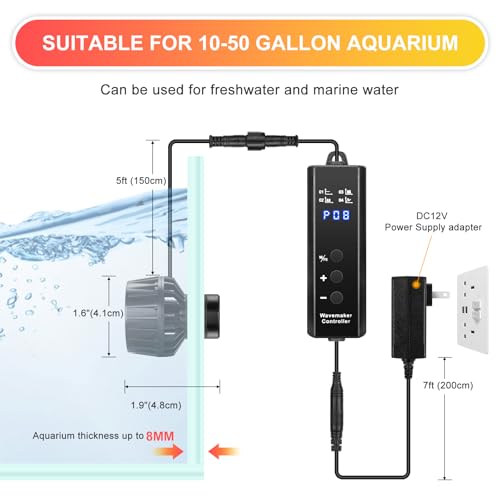 1050GPH Aquarium Wave Maker with Controller Mini DC12V 6W Powerhead with Magnetic Mounting, Nano Wavemaker for 10 to 50 Gallon thickness up to 8mm(1/4") Tank, - size: 6W 1050GPH