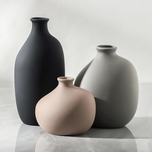 Ceramic Vase Set of 3, Small Modern Rustic Pottery Vases for Home Decor,Farmhouse Flower Vase for Pampas Grass, Dried or Fresh Flowers, Decorative Vases for Living Room, Bedroom, Bookshelf, or Table. - color: 9099-1
