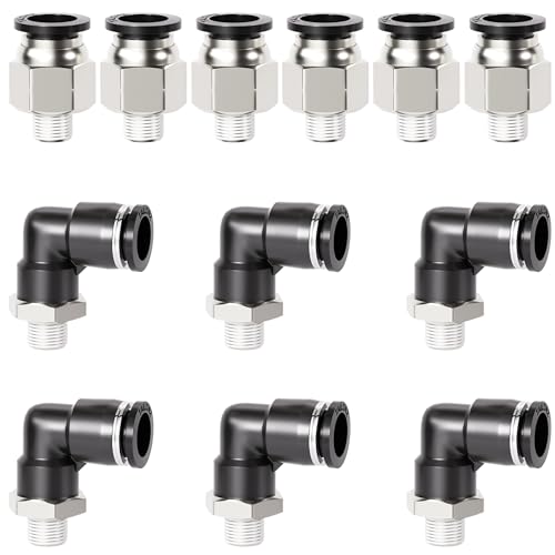 TAILONZ PNEUMATIC Elbow and Straight Combination 1/2 Inch Tube OD x 1/4 Inch NPT Thread Push to Connect Fittings PC-1/2-N2+PL-1/2-N2(Pack of 12) - size: 1/2"OD x 1/4"NPT