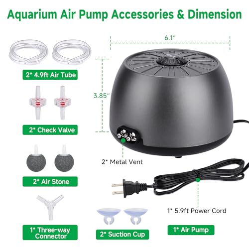 hygger Quiet Adjustable Aquarium Air Pump, 5W/8W Dual Output Fish Tank Air Pump, Energy-Saving Oxygen Aerator with Air Stone Bubbler for Fish Tank, Hydroponic - size: 5W (Tank Up To 150 Gal)