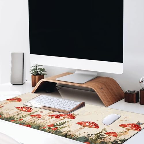 Red Mushroom Large Gaming Desk Mat,Rubber Non-Slip Enchanting Forest Mouse Pad,31.5x11.8x0.12in Extended Butterfly Mousepad,Game Lover Mice Pads Gifts,Office Home Deskmat Decor - color: Mushroom