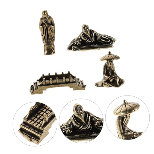 4pcs Miniature Brass Fisherman Figurines with Monk and Small Bridge, Asian Style Garden Statues for Aquarium Terrarium and Home Décor Micro Landscape Ornaments