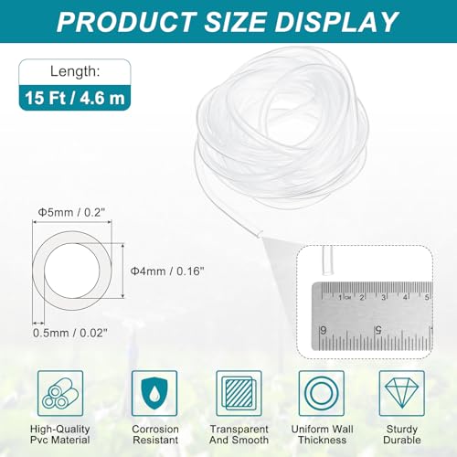 uxcell Clear PVC Tubing, 4mm ID x 5mm OD - 15ft PVC Tube Lightweight Vinyl Hose, Transparent Flexible Plastic Water Tubing for Air Oil Water Transfer Aquarium Irrigation - size: 4mm ID x 5mm OD