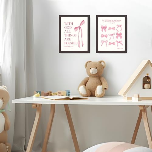 LARTSFRO Coquette Pink Bow Wall Art Decor Posters, Pink Bow Room Bedroom Bathroom Dorm Wall Art Decor Aesthetic for College Teen Girls Gifts, Inspirational Bible Verses Bow Wall Decor, 10x8 Inch Set of 4 Pcs Bow Pictures (DARK FRAMED) - color: Black-Frame