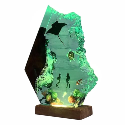 Handmade 3D Ocean Resin Lamp - USB Powered Resin Ocean Night Light with Wooden Base, Variable Lights, Scuba Diver Gifts, Diving Enthusiast Collectibles, Unique Birthday Holiday Gifts for Men & Women - color: Scuba Diver-1, size: L