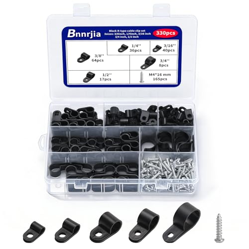 330 Pcs Black Cable Clips Wall, Plastic Wire Cable Clamps with Screws, R Nylon Wire Clips for CordsWire Clamps for Cables, cCable Management Clipss, for Organizing Electric Wires Cords(5 Sizes)