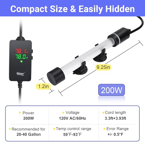 hygger ECO Precise Aquarium Submersible Heater, 200W for 20-40 Gallon Fish Tank Heater with Digital Display Adjustable Controller for Saltwater Freshwater - size: 200W for 20-40 Gallon