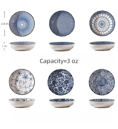 6 Pack 3 oz Cute Japanese Soy Sauce Dish Small Dipping Sauce Bowls Ceramic Sushi Dipping Bowls for Sushi,Side Dish,Ketchup,Dips,Condiment,Snack,BBQ Party - color: cyan blue