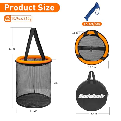Floating Fish Basket for 5 Gallons Buckets, Foldable Fishing Basket Bait Net for Live Caught, Rubber Coated Mesh Fish Holder for Kayak Fishing Live Well Baitfish Minnow Bucket