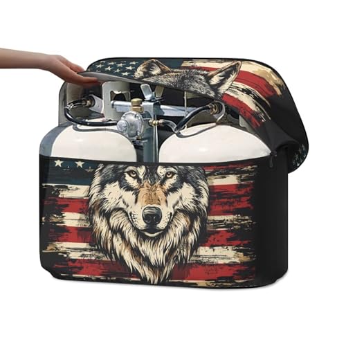 RV Propane Dust Cover American Flag Wolf Camper Propane Tank Cover,Fits 20LB Dual Propane Tanks Purple Totem Weather Resistant Gas Cylinder Cover - color: American Flag Wolf, size: Small-Double 20LB