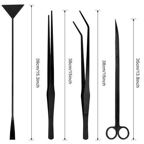 15Inch Extra Long Design Aquarium Aquascaping Tool Stainless Steel Aquascape Tools Kit 4 in 1 Anti-Rust Fish Tank Starter Kit with Long Tweezers Scissors Spatula for Aquarium Plants (Black) - color: Black