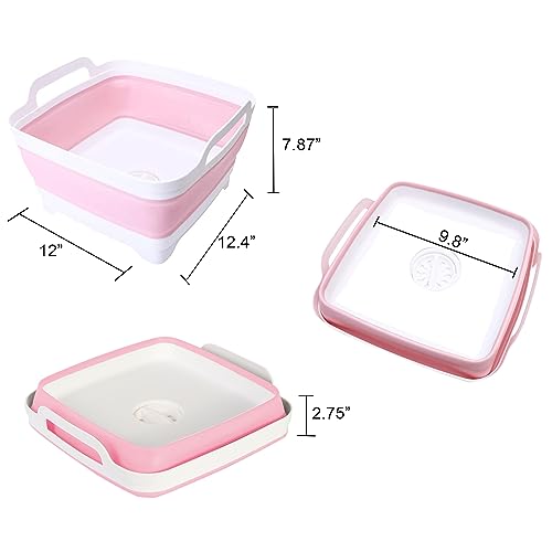 9L (2.4Gal Dish Basin Collapsible with Drain Plug Carry Handles , Space Saveing Kitchen Storage Tray Dish Wash Basin, Portable Dish Tub for Camping ,RV,Pink - color: Light Pink