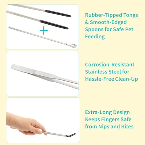 3 Pcs Stainless Steel Reptile Feeding Tool Set with 2 Rubber Tipped Tongs and 1 Crested Gecko Feeding Spoon, Crested Gecko Tank Accessories for Geckos, Lizards, Bearded Dragons, and Small Animals