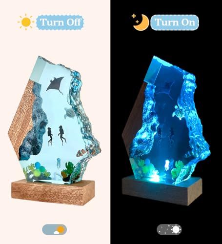 Handmade 3D Ocean Resin Lamp-Handcrafted Diving Night Light,Multiple Adjustable LED Light Sources Wooden Base with USB Port,Birthday Gift for Boyfriend Girlfriend Men Dad Divers(Devilfish,6"x4") - style: Devilfish&Sea Turtle