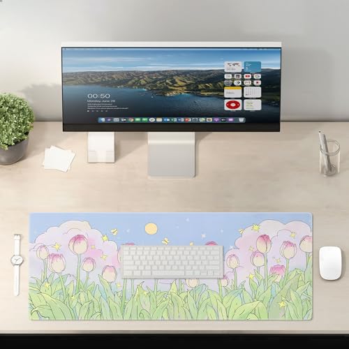 Kawaii Flower Mouse Pad Large Desk Mat Extended Keyboard Mouse Pad Cute XL Mousepad with Non-Slip Base and Stitched Edge Plant MouseMat Desk Pad 31.5 x 11.8 in Mouse Pads for Desk Home Office Gaming - color: Cute Flower
