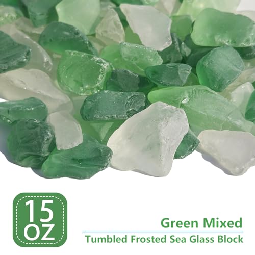 QYGL Sea Glass Block - 1LB Green Mixed Frosted Sea Glass - Vase Filler and Aquarium Ornament, DIY Craft Supplies for Art, Sea Glass Decor, Beach Weddings, and Home Decor - color: Green Mixed