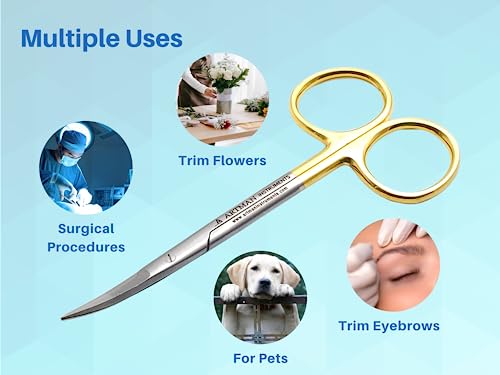 ARTMAN INSTRUMENTS Scissors 4.5 inches Curved with Tungsten Carbide Inserts| Gold Plated Handle Extra Sharp and Durable