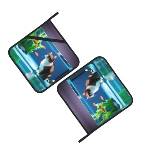 Cat in Aquarium Square Insulated Pot Mats Set of 2 Anti-Scald Heat Insulation BBQ & Microwave Use, Perfect for Home Chefs