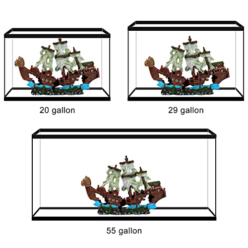 XXL Shipwreck Aquarium Large Decorations Ornament w/Sail (2 Pieces) 20 Gallons high and Larger Fish Tank, Sunken Ship Decoration Ornaments, Pirate Boat, Resin, Freshwater Saltwater Decor - size: 23" x 15"