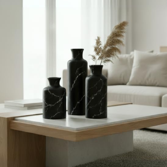 Creative Scents Black Marble Look 3pc Vase Set – Boho Vases for Decor, Modern Vases for Holding Pampas Grass, Dried/Fresh Flowers, Vases for Living Room - Kitchen, Bedroom, Office, Shelf Decor - color: Matte Black Marble Look