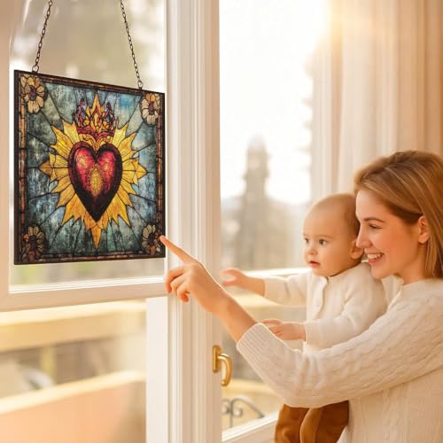 Rectangle Vintage Sacred Heart Stained Glass Sun Catcher, Wall Hanging Colored Decor Room Indoor Window Decor, Halloween, Christmas Hanging Ornament Mother Day - color: Vintage Sacred Heart 3, size: 9.4x7.1 IN