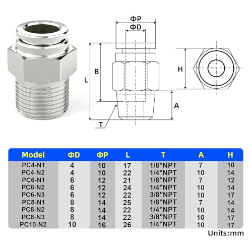 TAILONZ PNEUMATIC 304 Stainless Steel Male Straight 6MM Tube OD x 3/8 Inch NPT Thread Push to Connect Fittings PC6-N3 (Pack of 2) - size: 6mm OD 3/8''NPT