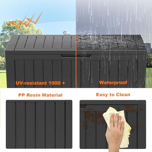 PatioZen 90 Gallon Resin Deck Box, Lockable Patio Outdoor Storage Box for Furniture, Garden Tools and Tools Storage, Waterproof Outside Storage Box - Black - color: Black, size: 90 Gallon