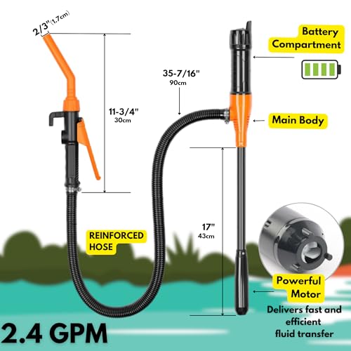 Portable Electric Water & Fuel Transfer Pump - 2.4 GPM Battery Operated Liquid Siphon Pump with Flow Control Nozzle & Extra Long Hose - For Gas, Diesel, Water & Fish Tanks
