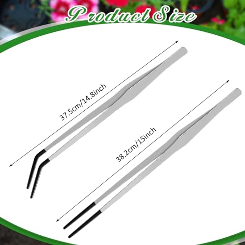 Lasnten 2 Pcs Extra Long Stainless Steel Reptile Feeding Tongs with Rubber Tip 15 Inch Bearded Dragon Aquarium Straight and Curved Long Tweezer Terrarium Feeder Tool for Tank(Silver) - color: Silver, size: 15 Inch