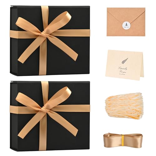 LIFELUM Gift Box 2 Pack 8 x 7 x 3 Christmas Gift Boxes with Magnetic Lid Rose Gold Gift Box with Ribbon Sturdy Storage Box for Presents Contains Card, Ribbon, Shredded Paper Filler - color: Black 8x7x3 Inch, size: 1 count (Pack of 2)