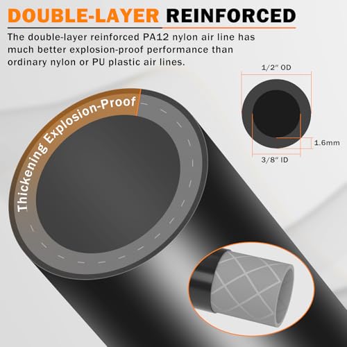 CheeMuii 100 FT 1/2" Double Layer DOT Air Line Premium PA12 Nylon 1/2 Pneumatic Tubing SAE J844 DOT Air Hose 31 Meter 1/2 Inch OD Pneumatic Air Tubing Pipe Hose Line - size: 1/2"OD-100FT-Double Layer