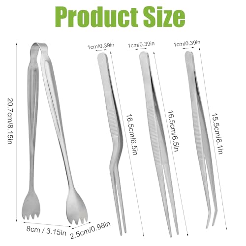 Seedling Transplant Tong & 3pcs Tweezers Set, Stainless Steel Long Thin Seed Starter Seedling Transplanting Pliers Gardening Planting Tool Stuffer Supplies for Plant Lowering Root Damage (Silver)