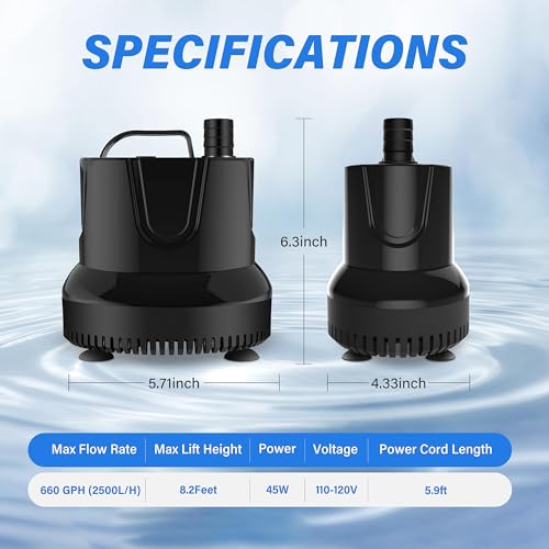 Simple Deluxe 660GPH Bottom Suction Submersible Water Pump 2500L/H 45W, 3 Nozzles with 8.2ft High Lift for Fish Tank, Pond, Aquarium, Hydroponics, Fountains - size: 660GPH-Standard