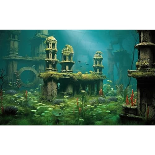 Underwater Scene Fish Tank Background Sunken Ancient City Ruins Aquarium Background Submerged City Sea Plants Lush Moss Terrarium Backgrounds Coral Reef Reptile Tank Enclosure Backgrounds 24x12in - color: Green_Light Blue, size: 24(W)x12(H)in