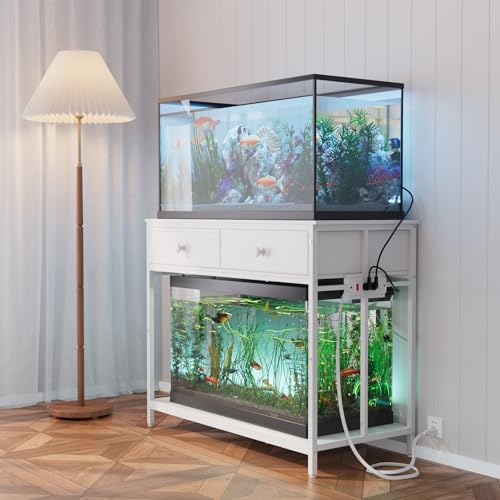 VOWNER 40 Gallon Aquarium Stand with Power Outlet, Metal Frame Fish Tank Stand with Cabinet Storage, Double Turtle Reptile Terrariums Tank Stand, 39.4" L*18.9" W Tabletop, 660LBS Capacity, White - color: White