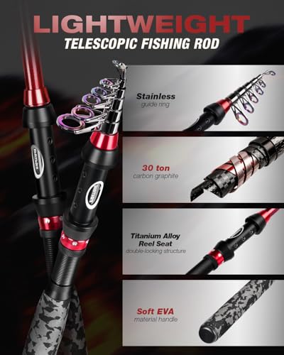 Ghosthorn Fishing Rod and Reel Combo Collapsible Fishing Pole Telescopic Fishing Rod Combo Travel Portable Fishing Set Carbon Fiber with Carrier Bag for Saltwater Freshwater - size: 2.4m/8ft, style: Fishing Rod and Reel（no Line & Lure）