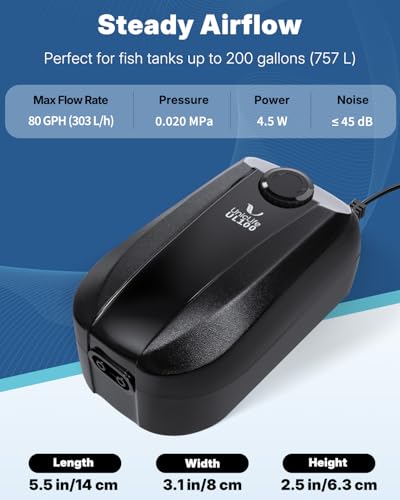 Uniclife Aquarium Air Pump, Adjustable Quiet Oxygen Pump for Fish Tanks, Airline Tubing & Accessories - size: Up to 200 Gallons Tank