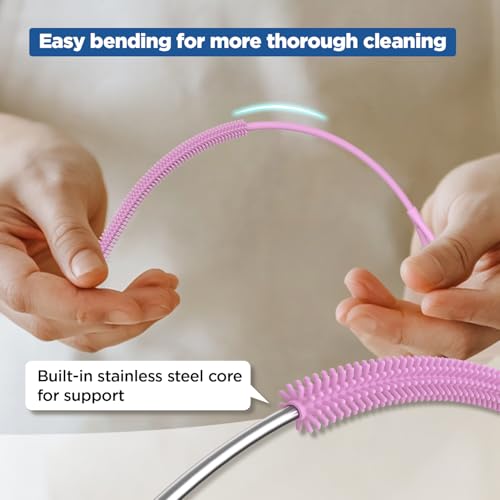 YOTIME Silicone Straw Cleaner Brush, 2Pcs Reusable Straw Brush Extra Long for Cleaning Tumbler with Handle and Glass Metal Smoothie Straws, Non-slip Handle Soft and Bendable, 6mm+9mm, Pink - color: Pink