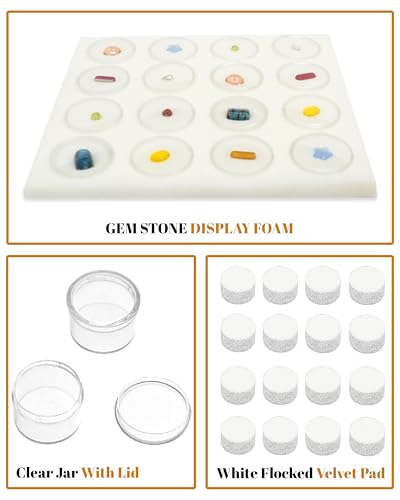Novel Box Gem Jars 16 Medium Size Gemstone tray | White Tray Foam Sheet 7.8X7.8X0.75 | Jewelry Display Rock Storage Box Insert | Gemstone display Trays for Collectibles - color: White Foam Liner with 16 Gem Jars