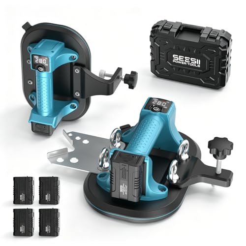 SEESII 4-in-1 Electric Suction Cups for Tile Lifting, Drill, Seam & Leveling: 10" Large Glass Suction Cup, Heavy Duty Vacuum Lifter with 280KG/617LBS Max Load, 4X 3000mAh Batteries, Digital Display - color: Cobalt Blue
