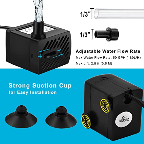 PULACO 50GPH 3W Mini Submersible Water Pump with 3.3 FT Tubing for Aquariums, Fish Tank, Pond, Fountain, Hydroponics