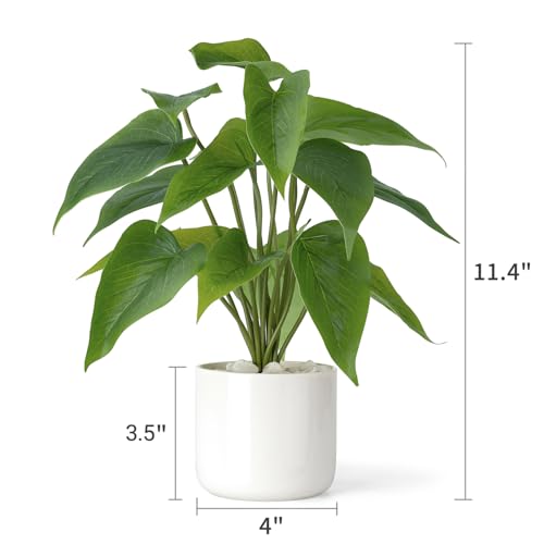 Mkono Fake Plants in Ceramic Pot, 11" Potted Artificial Plants for Home Decor Indoor Faux Green Leaf Plant with Modern White Planter for Desk Shelf Office Room Decoration (Pothos) - color: White, size: Small