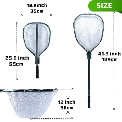 Floating Fishing Net for Steelhead, Salmon, Fly, Kayak, Catfish, Bass, Trout Fishing, Rubber Coated Landing Net with Fixed or Telescoping Pole Handle - color: White Silicone Net